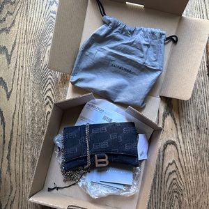 Balenciaga hourglass wallet on chain denim